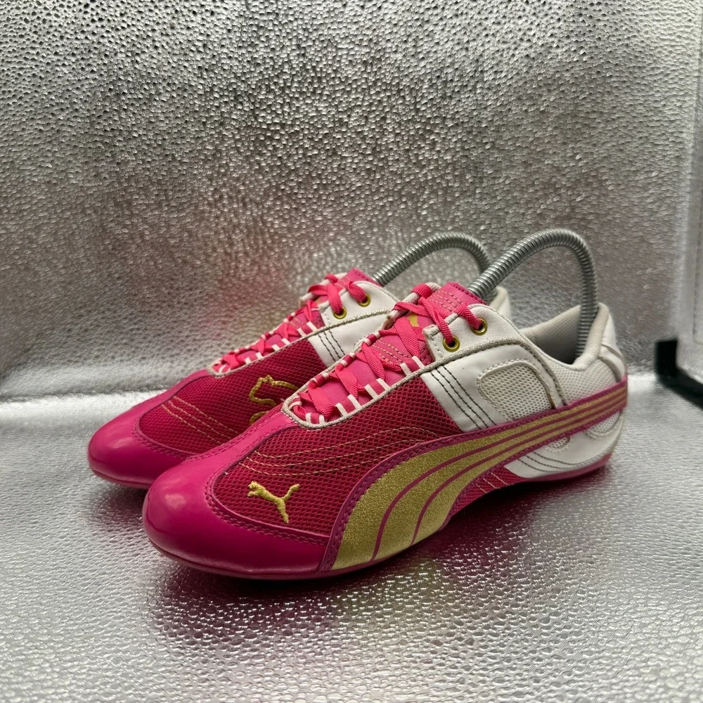 Size 6 Puma Eco Ortholite Pink Gold Womens Driving Athletic Shoes 355000-07